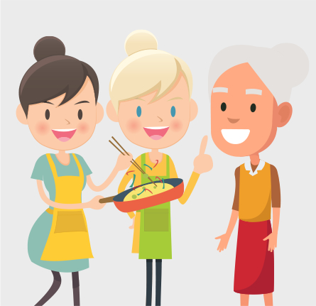 2 young and 1 older woman chef preparing omelet illustration